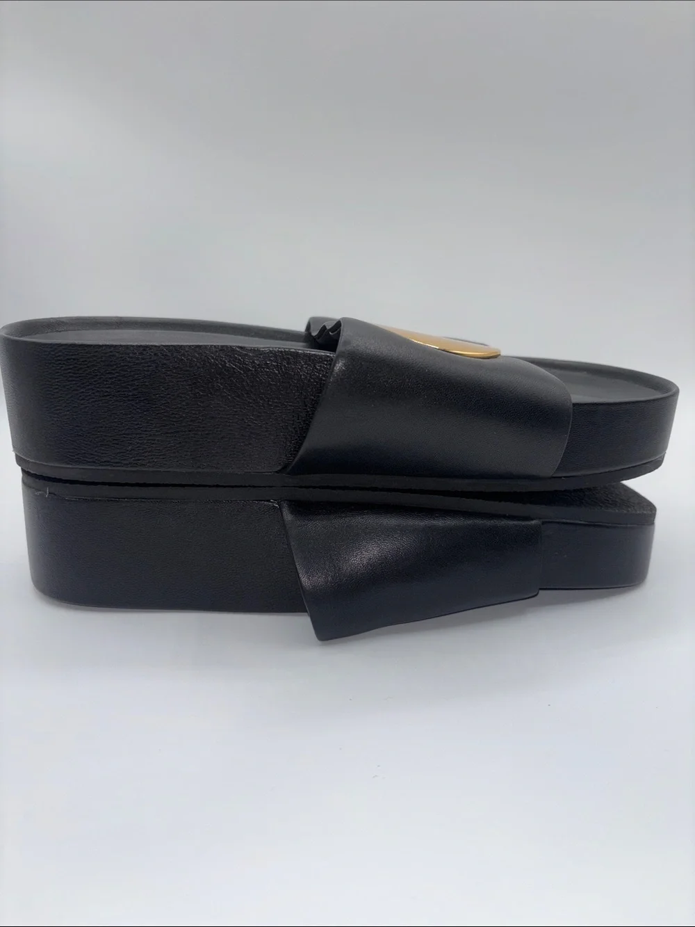 Tory Burch Black Leather Slide Sandals with Large Gold Discs